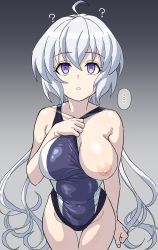 Rule 34 | 1girl, absurdres, ahoge, blue one-piece swimsuit, breasts, clothes pull, competition school swimsuit, competition swimsuit, covered navel, gradient background, grey background, highres, hypnosis, inai uchi, large breasts, legs together, light purple hair, long hair, looking at viewer, low twintails, lydian academy swimsuit, mind control, nipples, one-piece swimsuit, one-piece swimsuit pull, one breast out, purple eyes, school swimsuit, scrunchie, senki zesshou symphogear, shiny skin, solo, standing, swimsuit, thighs, twintails, very long hair, wavy hair, yukine chris