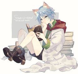 Rule 34 | 1boy, animal ears, blue eyes, blue hair, book, boots, cat boy, cat ears, closed mouth, full body, holding, holding book, lab coat, leon geeste, light blue hair, looking at viewer, male focus, shiraume (hakubaian), short hair, shorts, socks, solo, star ocean, star ocean the second story