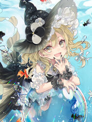 Rule 34 | 1girl, adapted costume, air bubble, animal, black hat, black nails, blonde hair, blush, braid, bubble, buttons, center frills, fingernails, fish, frills, goldfish, hat, highres, kirisame marisa, long hair, nail polish, open mouth, signature, single braid, smile, solo, touhou, toutenkou, witch hat, wrist cuffs, yellow eyes