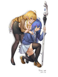Rule 34 | 2girls, absurdres, ahoge, alternate universe, bent over, black footwear, black skirt, black thighhighs, blonde hair, blue hair, blue jacket, blue skirt, blush, breasts, brown footwear, cleavage, collared shirt, contemporary, darpi, dated, diagonal-striped clothes, diagonal-striped necktie, drill hair, elf, elinalise dragonroad, eyebrows hidden by hair, flat chest, full body, groping, hair between eyes, hand on another&#039;s cheek, hand on another&#039;s face, high heels, highres, holding, holding another&#039;s wrist, holding staff, jacket, jewelry, kneeling, large breasts, lipstick, long bangs, long hair, looking at another, mage staff, makeup, multiple girls, mushoku tensei, necktie, nose blush, pleated skirt, pointy ears, red eyes, ring, roxy migurdia, school uniform, shirt, short hair, signature, simple background, skirt, smile, staff, striped clothes, teacher, thighhighs, twin drills, wavy mouth, white background, white shirt, yuri, zettai ryouiki