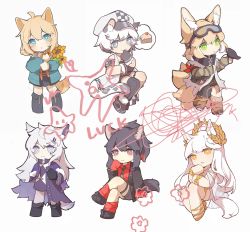 Rule 34 | 6+girls, ahoge, animal ear fluff, animal ears, arknights, armband, bikini, bird, bird on hand, black footwear, black hair, black legwear, black neckwear, black scarf, black shirt, black shorts, blonde hair, blue eyes, blush, boots, cake, cake slice, chibi, chinese commentary, cliffheart (arknights), collared shirt, commentary request, crossed legs, dog ears, dog girl, dog tail, dress shirt, flower, food, fox ears, fox girl, fox tail, full body, fur-trimmed boots, fur trim, green eyes, green jacket, hair ornament, hairclip, hat, highres, holding, holding flower, horse ears, horse girl, horse tail, jacket, kitsune, kyuubi, lappland (arknights), lappland (refined horrormare) (arknights), laurel crown, leopard ears, leopard girl, leopard tail, looking at animal, looking at viewer, multicolored hair, multiple girls, multiple tails, necktie, official alternate costume, open clothes, open jacket, platinum (arknights), platinum (shimmering dew) (arknights), podenco (arknights), ponytail, purple jacket, red eyes, red hair, red legwear, sandals, scarf, shirt, shoes, shorts, simple background, single thighhigh, sitting, sleeveless, sleeveless jacket, socks, squiggle, standing, straight-on, streaked hair, striped neckwear, sunflower, suzuran (arknights), suzuran (lostlands flowering) (arknights), swimsuit, tail, texas (arknights), texas (willpower) (arknights), thighhighs, thought bubble, torn clothes, torn jacket, torn legwear, white background, white bikini, white hair, white headwear, white jacket, wolf ears, wolf girl, wolf tail, yellow eyes, yellow flower, yellow footwear, yellow wristband, zhizhangsiyin
