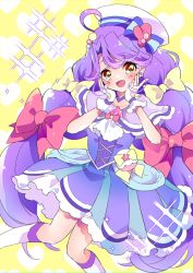 Rule 34 | ahoge, big hair, blush, bow, commentary request, cure coral, dress, facial mark, fingerless gloves, frilled skirt, frills, gloves, green eyes, hair bow, hat, hat bow, heart, heart facial mark, highres, long hair, looking at viewer, magical girl, mikorin, multiple hair bows, nail polish, open mouth, pink bow, precure, purple dress, purple hair, sailor hat, skirt, smile, solo, striped, striped bow, suzumura sango, symbol in eye, tropical-rouge! precure, very long hair, white gloves, white legwear, yellow bow