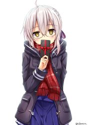 Rule 34 | 1girl, ahoge, arm behind back, artoria pendragon (all), artoria pendragon (fate), black-framed eyewear, blue ribbon, blue skirt, blush, braid, coat, covered mouth, cowboy shot, duffel coat, empty eyes, fate/grand order, fate (series), fringe trim, gift, glasses, hair between eyes, hair ribbon, hino (2nd life), holding, holding gift, looking at viewer, mysterious heroine x alter (fate), mysterious heroine x alter (first ascension) (fate), open clothes, open coat, plaid, plaid scarf, pleated skirt, red scarf, ribbon, saber (fate), scarf, semi-rimless eyewear, short hair with long locks, sidelocks, silver hair, simple background, skirt, solo, twitter username, under-rim eyewear, valentine, white background