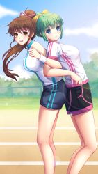Rule 34 | 2girls, :d, black shorts, blue eyes, blue sky, blunt bangs, bow, breasts, brown eyes, closed mouth, day, doukyuusei, doukyuusei another world, floating hair, from side, game cg, green hair, hair between eyes, hair bow, hair ribbon, high ponytail, iijima miyuki, kakyuusei, large breasts, leaning back, leaning forward, long hair, looking at viewer, medium breasts, multiple girls, official art, open mouth, outdoors, pink ribbon, ribbon, shirt, short shorts, short sleeves, shorts, sky, sleeveless, sleeveless shirt, smile, tanaka misa, very long hair, white shirt, yellow bow