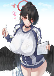 Rule 34 | 1girl, black choker, black hair, black wings, blue archive, blue jacket, breasts, choker, clipboard, feathered wings, gym shirt, gym shorts, gym uniform, halo, hasumi (blue archive), hasumi (track) (blue archive), highres, holding, holding clipboard, jacket, large breasts, large wings, long hair, low wings, mole, mole under eye, nanohana (november.), official alternate costume, partially unzipped, red eyes, shirt, shorts, solo, sportswear, track jacket, white shirt, wings