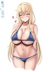 Rule 34 | 1girl, absurdres, atago (kancolle), bikini, blonde hair, blue bikini, blush, breasts, collarbone, cowboy shot, cropped legs, facing viewer, grin, hand on own chest, heart, highres, kantai collection, large breasts, long hair, lowleg, lowleg bikini, navel, nose blush, one-hour drawing challenge, simple background, smile, solo, swimsuit, tf cafe, twitter username, white background