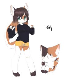 Rule 34 | 1girl, :&lt;, animal ears, animal nose, bad id, bad pixiv id, blush stickers, body fur, breasts, brown fur, brown hair, cat, cat ears, cat girl, cat tail, claws, closed mouth, commentary, contrapposto, full body, furry, furry female, gradient hair, green eyes, highres, long hair, long sleeves, looking to the side, medium breasts, multicolored hair, open mouth, orange shorts, original, paw pose, pawpads, ressue (gomgom), shorts, signature, simple background, sitting, snout, solo, standing, tail, white background, white fur, white hair