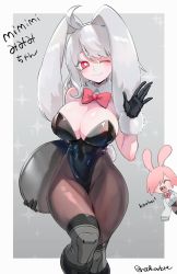 Rule 34 | 2girls, ;3, ^ ^, black gloves, bow, bowtie, breasts, brown legwear, cleavage, closed eyes, commentary request, closed eyes, fur-trimmed gloves, fur trim, gloves, grey background, grey hair, hair over one eye, hand up, highres, holding, holding plate, large breasts, long hair, looking at viewer, multiple girls, noah (tettsui-sole), one eye closed, original, pantyhose, pink hair, plate, playboy bunny, red eyes, red neckwear, sharp teeth, smile, standing, teeth, twitter username, two-tone background, white background