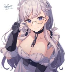 Rule 34 | 1girl, adjusting eyewear, apron, arm guards, azur lane, belfast (azur lane), bespectacled, blue eyes, blurry, blush, braid, breasts, chain, character name, cleavage, closed mouth, collar, collarbone, corset, depth of field, elbow gloves, french braid, from above, glasses, gloves, grey-framed eyewear, large breasts, long hair, looking at viewer, looking up, maid headdress, semi-rimless eyewear, silver hair, simple background, smile, solo, tomari (veryberry00), turret, twitter username, under-rim eyewear, upper body, very long hair, white apron, white background, white gloves