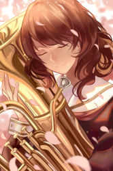 Rule 34 | 10s, 1girl, blurry, brown hair, cherry blossoms, closed mouth, depth of field, euphonium, closed eyes, head tilt, hibike! euphonium, highres, holding instrument, instrument, norizc, oumae kumiko, petals, revision, school uniform, smile, solo