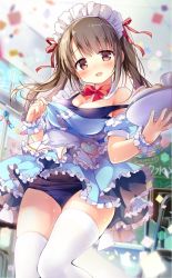 Rule 34 | 1girl, :d, apron, blue dress, blue sky, blush, breasts, brown eyes, brown hair, chair, chalkboard, classroom, cleavage, coffee cup, commentary request, confetti, cup, desk, detached collar, disposable cup, dress, food, frilled skirt, frills, highres, holding, holding tray, indoors, long hair, looking at viewer, maid, maid apron, maid headdress, medium breasts, nagayama yuunon, one-piece swimsuit, open mouth, original, paper chain, pastry, plate, red neckwear, school chair, school desk, school uniform, skirt, sky, smile, solo, standing, swimsuit, swimsuit under clothes, thighhighs, tray, white thighhighs, window