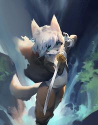 Rule 34 | 1boy, aedbc, animal ears, blue eyes, furry, furry male, hair between eyes, highres, holding, holding sword, holding weapon, katana, male focus, original, solo, sword, tail, weapon, white hair, wolf ears, wolf tail