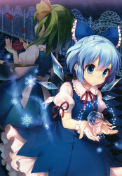 Rule 34 | 2girls, absurdres, back-to-back, blue dress, blue eyes, blue hair, blush, checkered floor, cirno, daiyousei, dress, dutch angle, fairy wings, flower, green hair, hair ornament, hair ribbon, highres, huge filesize, ice, ice flower, ice wings, masaru.jp, multiple girls, petals, puffy sleeves, ribbon, sash, scan, short hair, short sleeves, side ponytail, snowflakes, touhou, wings