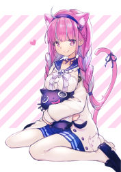 Rule 34 | 1girl, absurdres, ahoge, anchor symbol, animal ear fluff, animal ears, black footwear, blue hair, blue hairband, blue sailor collar, blue skirt, blush, bow, braid, breast hold, breasts, buttons, cat ears, cat girl, cat tail, choker, closed mouth, collarbone, commentary request, crossed arms, eyebrows hidden by hair, hair ornament, hairband, heart, highres, holding, hololive, hug, kutar22, loafers, long hair, long sleeves, looking at viewer, medium breasts, minato aqua, minato aqua (sailor), miniskirt, multicolored background, multicolored hair, neko (minato aqua), official alternate costume, open mouth, outline, pantyhose, pink background, pink hair, pleated skirt, purple bow, purple choker, purple eyes, purple hair, purple ribbon, ribbon, ribbon choker, sailor collar, shirt, shoes, sitting, skirt, smile, solo, striped, striped background, tail, tail ornament, tail raised, tail ribbon, twin braids, twintails, two-tone hair, virtual youtuber, wariza, white background, white outline, white pantyhose