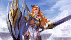 Rule 34 | 1girl, architecture, armor, blue sky, breasts, cloud, day, fantasy, floating island, greco-roman architecture, helmet, highres, lips, long hair, orange hair, original, outdoors, parted lips, purple eyes, shield, sky, solo, sword, thighhighs, weapon, yinanhuanle, zettai ryouiki