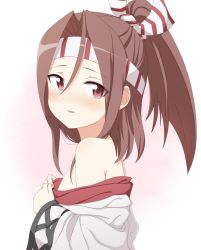 10s 1girl :d bare_shoulders blush brown_eyes brown_hair engiyoshi female_focus from_side hachimaki headband high_ponytail japanese_clothes kantai_collection looking_at_viewer off_shoulder open_mouth ponytail smile solo upper_body zuihou_(kancolle)