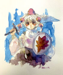 Rule 34 | 1girl, absurdres, animal ears, blue background, brown eyes, cowboy shot, cropped torso, dated, detached sleeves, grey hair, hat, highres, holding, holding shield, holding sword, holding weapon, inubashiri momiji, leaf print, looking at viewer, one-hour drawing challenge, painting (medium), pom pom (clothes), red tassel, shield, shiroma (mamiko), shirt, short hair, simple background, sleeveless, sleeveless shirt, solo, sword, tokin hat, touhou, traditional media, watercolor (medium), weapon, white background, white shirt, wide sleeves, wolf ears, wolf girl