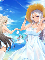 Rule 34 | 4girls, aqua eyes, bare shoulders, beach, black hair, blush, breasts, brown hair, cleavage, closers, cloud, day, dress, gradient hair, half updo, harpy (closers), hat, holding, holding shoes, horns, large breasts, levia (closers), light purple hair, long hair, looking at another, looking at viewer, looking back, mole, mole under eye, multicolored hair, multiple girls, ocean, outdoors, parted lips, pink hair, purple eyes, seductive smile, seulbi lee, shaojiang, shoes, side ponytail, sideboob, silver hair, single horn, sky, smile, standing, strap slip, summer, sun hat, sundress, very long hair, water, waving, white dress, yuri seo