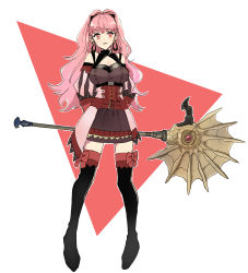 Rule 34 | 1girl, axe, black footwear, black thighhighs, boots, breasts, cleavage, cleavage cutout, clothing cutout, corset, deeee07, detached sleeves, dress, earrings, fire emblem, fire emblem: three houses, freikugal (weapon), full body, heroes relic (fire emblem), highres, hilda valentine goneril, hoop earrings, jewelry, large breasts, lips, long hair, looking at viewer, nintendo, pink hair, ponytail, red background, red eyes, short dress, simple background, solo, standing, thigh boots, thighhighs, thighs, two-tone background, white background, zettai ryouiki
