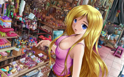 Rule 34 | 1girl, bare shoulders, blonde hair, blue eyes, breasts, candy, cleavage, doll, female focus, food, highres, ilolamai, large breasts, long hair, looking at viewer, open mouth, original, shop, smile, solo, standing, stuffed animal, stuffed toy, toy, umbrella