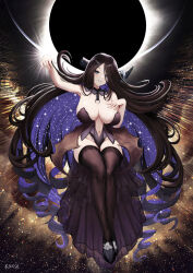 Rule 34 | 1girl, arm up, black hair, black pantyhose, breasts, broken horn, brown dust 2, chromatic aberration, demon horns, demon wings, dress, eclipse, eclipse (brown dust 2), full body, grey hair, hair over one eye, highres, horn ornament, horn ring, horns, kainines, knees apart feet together, large breasts, light rays, long hair, low wings, microdress, multicolored hair, navel, no panties, pantyhose, signature, sitting, solar eclipse, solo, sparkle, star (symbol), thick thighs, thighs, two-tone hair, very long hair, wings