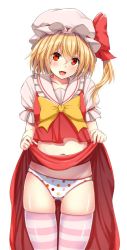 Rule 34 | 1girl, :d, bad id, bad twitter id, blonde hair, blush, bow, bowtie, clothes lift, collarbone, cowboy shot, ebi 193, fang, flandre scarlet, frilled shirt collar, frills, hat, hat bow, lifted by self, looking at viewer, mob cap, navel, open mouth, panties, polka dot, polka dot panties, puffy short sleeves, puffy sleeves, red bow, red eyes, red shirt, red skirt, shirt, short sleeves, side ponytail, skirt, skirt lift, skirt set, smile, solo, striped clothes, striped thighhighs, thighhighs, touhou, underwear, white background, yellow bow, yellow bowtie
