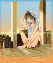 Rule 34 | 1girl, ahoge, alternate costume, barefoot, black hair, character name, dated, fujii rino, green eyes, hands on feet, kantai collection, mogami (kancolle), one-hour drawing challenge, orange shorts, radio, short hair, shorts, sitting, solo, tank top, toes, towel, towel on head, twitter username, white tank top, wooden floor