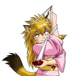 Rule 34 | animal ears, cat ears, eating, fox ears, japanese clothes, kimono, manabe jouji, ogin (manabe jouji), solo, tail