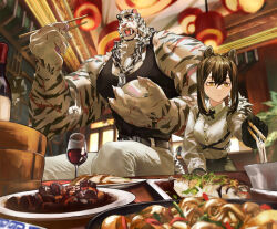 Rule 34 | 1boy, 1girl, absurdres, accident, animal ears, arknights, bara, bare arms, belt, black belt, black tank top, bounsies, chain, chain necklace, chinese zodiac, chopsticks, cup, dango, dog tags, drinking glass, dropping, eating, fish (food), food, food request, from below, furry, furry male, highres, holding, holding chopsticks, jewelry, large hands, large pectorals, mountain (arknights), muscular, muscular male, necklace, noodles, pants, pectoral cleavage, pectorals, robin (arknights), scar, scar across eye, scar on arm, scar on face, shirt, short hair, sitting, speed lines, surprised, tank top, thick arms, tiger boy, tiger ears, tight clothes, tight shirt, underbust, wagashi, white fur, white hair, white pants, white shirt, wine glass, year of the tiger