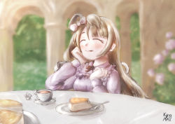 Rule 34 | 1girl, absurdres, artist name, artist request, blurry, blurry background, blush, bow, bowtie, breasts, brown hair, cake, cup, dress, elbow on table, closed eyes, female focus, food, grey hair, hair bow, hair rings, hand on own chin, highres, kingan, light brown hair, long hair, long sleeves, looking at viewer, love live!, love live! school idol project, minami kotori, myopia (kingan artlife), parted lips, pie, pink bow, plate, ponytail, side ponytail, smile, solo, table, teacup, white dress