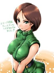 Rule 34 | 1girl, amania orz, breasts, brown hair, closed mouth, dated, emma sheen, green eyes, gundam, large breasts, looking at viewer, military, military uniform, short hair, signature, simple background, skirt, solo, uniform, white background, zeta gundam