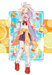 Rule 34 | 1girl, abc22abc, aqua nails, bandaid, bandaid on knee, bandaid on leg, blue skirt, bow, bowtie, clothes around waist, cup, food, fruit, full body, gummy bear, hair between eyes, hair ornament, hairclip, highres, holding, holding cup, long hair, long sleeves, looking at viewer, loose socks, multicolored hair, nail polish, open mouth, orange (fruit), orange footwear, orange hair, orange slice, original, plaid, plaid skirt, pleated skirt, ponytail, red bow, red bowtie, scrunchie, shirt, shoes, skirt, smile, socks, solo, standing, sweater, sweater around waist, white hair, white shirt, white socks, wrist scrunchie