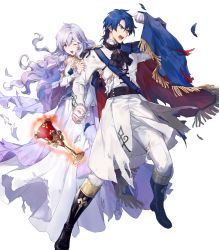 Rule 34 | 1boy, 1girl, azu-taro, ballgown, ballroom dress, ballroom gown, black footwear, blue eyes, blue hair, boots, cape, chalice, couple, cup, deirdre (fire emblem), deirdre (masquerade) (fire emblem), dress, fire emblem, fire emblem: genealogy of the holy war, fire emblem heroes, full body, gloves, glowing, highres, holding hands, husband and wife, interlocked fingers, knee boots, light purple hair, long dress, long hair, long sleeves, matching hair/eyes, nintendo, official art, one eye closed, pants, purple eyes, short hair, sigurd (fire emblem), sigurd (masquerade) (fire emblem), torn cape, torn clothes, transparent background, white gloves