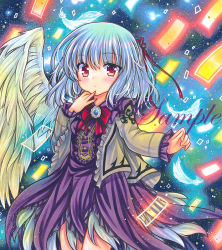 Rule 34 | 1girl, :o, angel wings, beige jacket, blush, bow, bowtie, breasts, brooch, commentary request, cowboy shot, dress, feathered wings, feathers, hand on own chin, jacket, jewelry, kishin sagume, long sleeves, looking at viewer, marker (medium), medium hair, open clothes, open jacket, purple dress, red bow, red bowtie, red eyes, rui (sugar3), sample watermark, silver hair, single wing, small breasts, solo, touhou, traditional media, watermark, wings