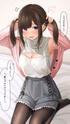 Rule 34 | 1girl, :d, armpits, arms up, bad id, bad pixiv id, bare shoulders, bed sheet, black pantyhose, blush, breasts, brown hair, bunching hair, cleavage, cleavage cutout, clothing cutout, commentary request, flying sweatdrops, grey skirt, hair ornament, hairclip, highres, jacket, long hair, long sleeves, looking at viewer, medium breasts, nail polish, no shoes, open clothes, open jacket, open mouth, original, pantyhose, pink jacket, pink nails, purple eyes, ramchi, seiza, shirt, sidelocks, sitting, skirt, sleeveless, sleeveless shirt, sleeves past wrists, smile, soles, solo, spoken blush, translated, turtleneck, twintails, white shirt