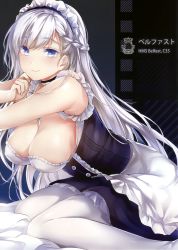 Rule 34 | 1girl, absurdres, azur lane, bare shoulders, bed sheet, belfast (azur lane), blush, braid, breasts, buttons, chain, character name, chiyingzai, cleavage, collar, french braid, frills, highres, large breasts, long hair, looking at viewer, maid, maid headdress, pantyhose, scan, shiny skin, sideboob, silver hair, simple background, sitting, sleeveless, smile, solo, wariza