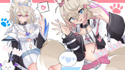 Rule 34 | 2girls, :3, :d, absurdres, akipaints, animal ear fluff, animal ears, belt, belt collar, black collar, black jacket, blonde hair, blue belt, blue hair, breasts, cleavage, closed mouth, collar, cropped jacket, cropped shirt, dog ears, dog girl, dog tail, dress, ear cleaning, fake claws, fur-trimmed jacket, fur trim, fuwawa abyssgard, fuwawa abyssgard (1st costume), hair ornament, hairpin, headphones, headphones around neck, heart, highres, hololive, hololive english, jacket, large breasts, long hair, looking at viewer, medium hair, midriff, mimikaki, mococo abyssgard, mococo abyssgard (1st costume), multicolored hair, multiple girls, open mouth, paw pose, perroccino (fuwamoco), pink belt, pink hair, shirt, short shorts, shorts, siblings, sisters, small breasts, smile, spiked collar, spikes, streaked hair, tail, twins, virtual youtuber, white dress, white shirt, white shorts, x hair ornament