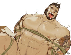 Rule 34 | 1boy, abs, bandaid, bandaid on cheek, bandaid on face, bara, beard, black eyes, black hair, bound, bound legs, bulge, completely nude, cyphers, damian doyle (cyphers), facial hair, gomtang, lactation, large pectorals, lowres, male focus, male lactation, mature male, mohawk, muscular, muscular male, navel, navel hair, nipples, nude, out-of-frame censoring, pectorals, rope, saliva, shibari, short hair, solo, stomach, thick thighs, thighs, tongue, tongue out, twitching