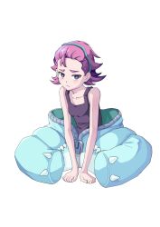 Rule 34 | 1girl, absurdres, bare arms, blush, bright pupils, closed mouth, collarbone, commentary request, creatures (company), dot (pokemon), frown, full body, game freak, green hairband, hairband, highres, looking at viewer, mascot costume, medium hair, nidothing, nintendo, pokemon, pokemon (anime), pokemon horizons, purple eyes, purple hair, shirt, simple background, sleeveless, sleeveless shirt, solo, tank top, white background, white pupils, yubon (1213223677), zipper, zipper pull tab