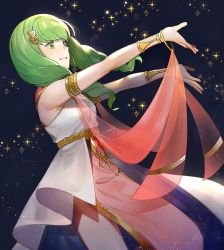 Rule 34 | 1girl, armlet, dancer, dancer (fire emblem: three houses), dress, female focus, fire emblem, fire emblem: three houses, flayn (fire emblem), green eyes, green hair, hair ornament, highres, kyufe, long hair, matching hair/eyes, nintendo, outstretched arms, parted lips, solo