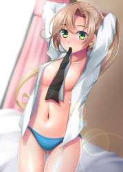 Rule 34 | 1girl, absurdres, akigumo (kancolle), arms up, blue panties, blurry, brown hair, commentary request, cowboy shot, curtains, depth of field, dress shirt, gluteal fold, green eyes, hair intakes, hair ribbon, highres, kantai collection, long hair, looking at viewer, mole, mole under eye, mouth hold, no bra, open clothes, open shirt, panties, ponytail, ribbon, ruin re birth, shirt, solo, standing, thigh gap, underwear, white shirt, window