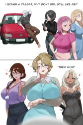 Rule 34 | 1boy, 6+girls, absurdres, apron, black hair, blonde hair, blue dress, blue eyes, brown hair, car, dark-skinned female, dark skin, denim, dress, glasses, highres, jeans, mature female, meme, motor vehicle, multiple girls, nia (nia4294), original, pants, pink hair, simple background, twitter, volkswagen, volkswagen passat, white background