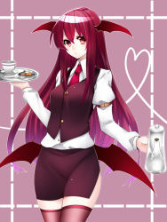 Rule 34 | 1girl, bad id, bad pixiv id, bat wings, cup, female focus, fishnets, head wings, heart, heart of string, holding, koakuma, long hair, low wings, necktie, red eyes, red hair, skirt, solo, spoon, teacup, teapot, thighhighs, touhou, tray, vest, wings, yutazou