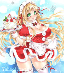 Rule 34 | 1girl, apron, artist name, at classics, bell, blonde hair, blush, bow, bow panties, bowtie, breasts, cake, christmas, cleavage, cowboy shot, dress, food, frilled apron, frills, fruit, fur collar, gluteal fold, green eyes, holding, holding tray, large breasts, long hair, looking at viewer, maid, maid headdress, open mouth, original, panties, pantyshot, pink bow, puffy short sleeves, puffy sleeves, red bow, red bowtie, red dress, ribbon-trimmed legwear, ribbon trim, sample watermark, santa claus, short sleeves, snowflakes, solo, strawberry, thighhighs, traditional media, tray, underwear, very long hair, waist apron, watermark, white apron, white panties, white thighhighs