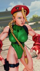 Rule 34 | 1girl, 3d, antenna hair, bare shoulders, blonde hair, blue eyes, blue sky, braid, breasts, cammy white, covered navel, curvy, gloves, green leotard, groin, hat, highleg, highleg leotard, highres, large breasts, leotard, lips, long hair, red gloves, red hat, ryona, screencap, shiny clothes, sky, solo, street fighter, street fighter v, thighs, third-party edit, thong leotard, twin braids, very long hair, wide hips