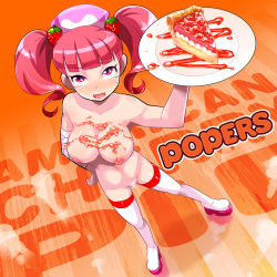 Rule 34 | 1girl, bandages, bemani, blush, boots, brand name imitation, breasts, censored, cherry pie, female focus, food, food on body, fruit, hair ornament, hand on own hip, heart, highres, hooters, large breasts, looking at viewer, milk (pop&#039;n music), navel, nipples, nude, open mouth, osamu yagi, pie, pink hair, plate, pop&#039;n music, red eyes, short hair, smile, solo, strawberry, tears, thigh boots, thighhighs, twintails