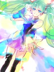 Rule 34 | 1girl, aimu, bad id, bad pixiv id, black thighhighs, blue eyes, detached sleeves, dutch angle, green hair, hachi (aimu), hatsune miku, solo, thighhighs, twintails, vocaloid