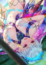 Rule 34 | 1girl, bare shoulders, blue fire, blush, body markings, bracelet, breasts, covering privates, covering breasts, earrings, fate/grand order, fate (series), fire, flower, hair flower, hair ornament, hair ribbon, highres, jewelry, kama (fate), kama (swimsuit avenger) (fate), kama (swimsuit avenger) (third ascension) (fate), large breasts, long hair, looking to the side, lotus, lying, multicolored hair, nail polish, on back, open mouth, purple hair, red eyes, revealing clothes, ribbon, silver hair, solar (happymonk), solo, sparkle, star (sky), star (symbol), star earrings, thighs, two-tone hair