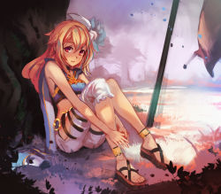 Rule 34 | 1girl, against tree, blonde hair, forest, hand on leg, highres, hugging own legs, long hair, looking at viewer, midriff, nature, parted lips, pink hair, red eyes, reflection, sandals, sitting, softmode, solo, tart (tears to tiara ii), tears to tiara, tears to tiara ii, tree