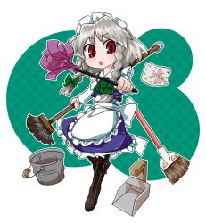 Rule 34 | 1girl, apron, boots, bow, braid, broom, bucket, byourou, cleaning, cross-laced footwear, dual wielding, duster, dustpan, hair bow, holding, izayoi sakuya, long sleeves, looking at viewer, maid, maid apron, maid headdress, mop, open mouth, pantyhose, red eyes, shirt, silver hair, skirt, skirt set, solo, touhou, twin braids, vest, waist apron